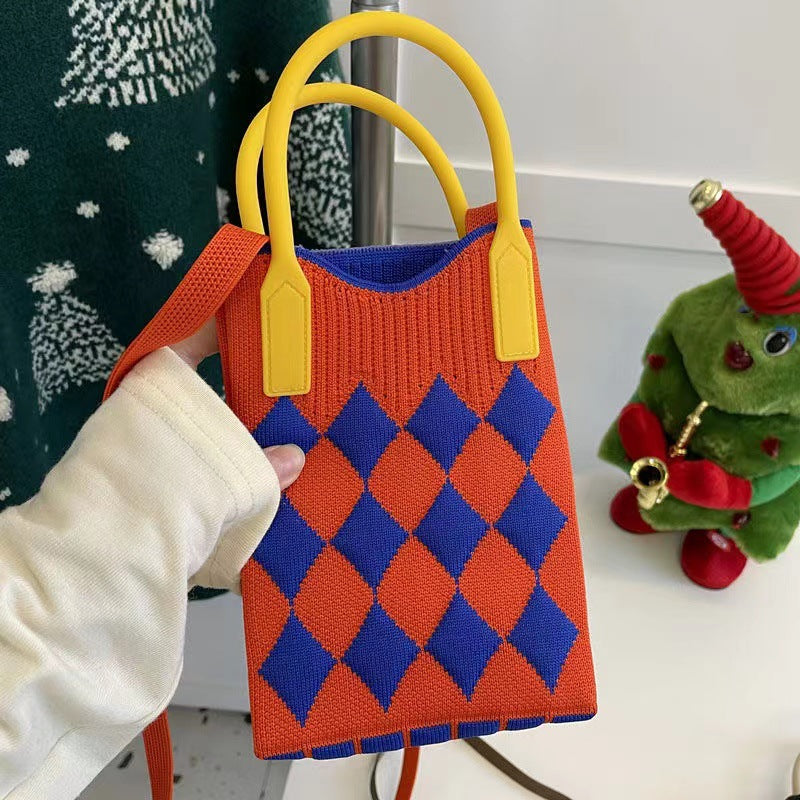 Wholesale Candy Color Mobile Phone Bag Large Capacity Diamond Check Knitted Bag