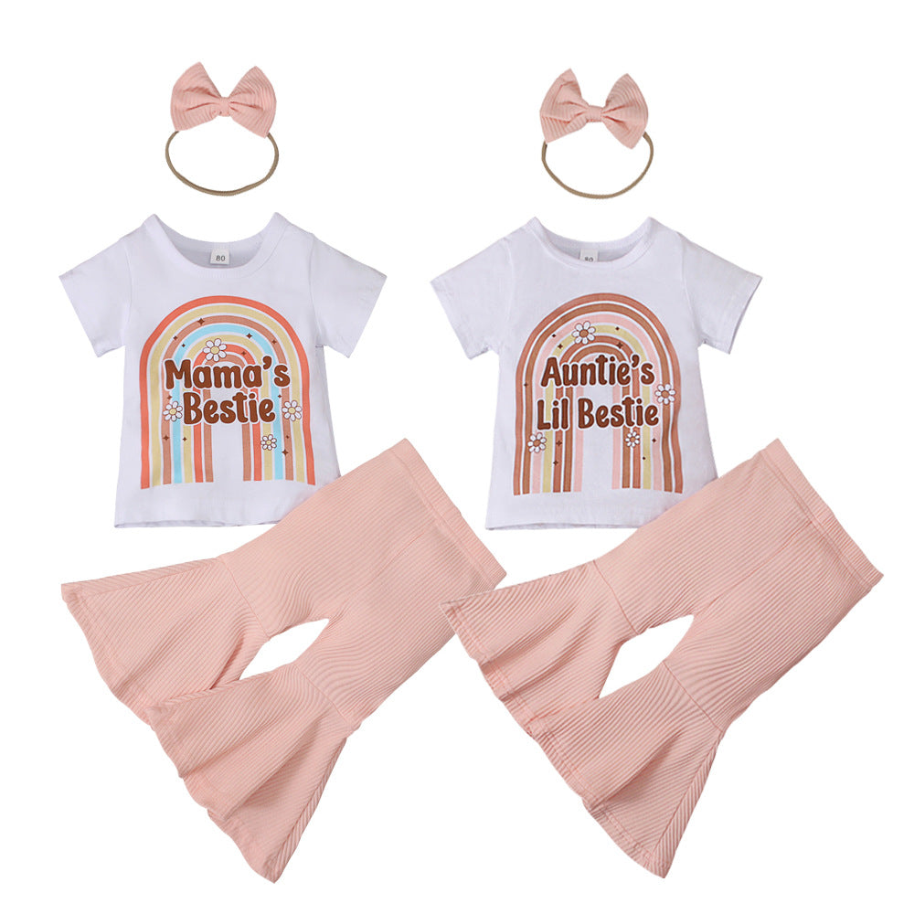 Wholesale Children's MAMA Rainbow Printed Short-sleeved Flared Pants Bow Hair Rope Three-piece Set