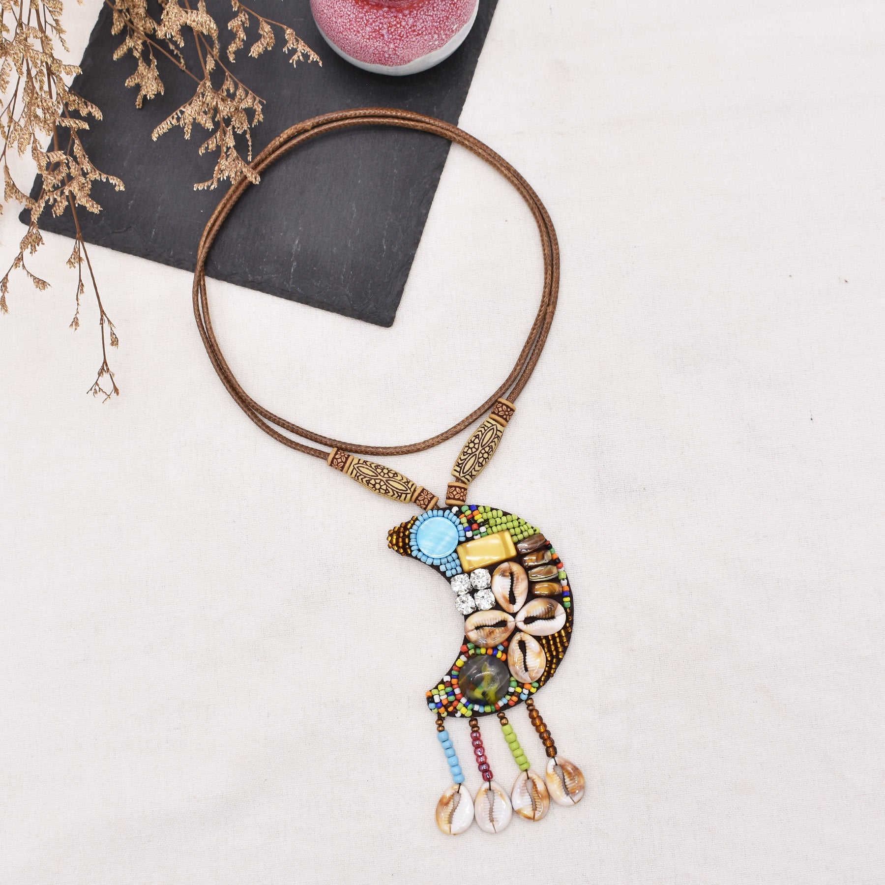 Wholesale Ethnic Style Crescent Moon Pendant Rice Beads Shell Tassel Necklace