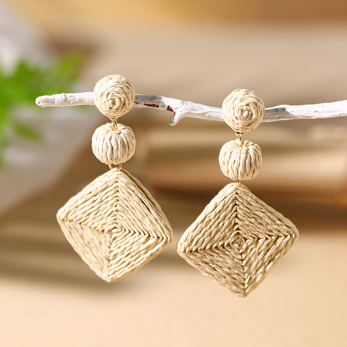 Wholesale Bohemian Diamond Shaped Rattan Braided Earrings