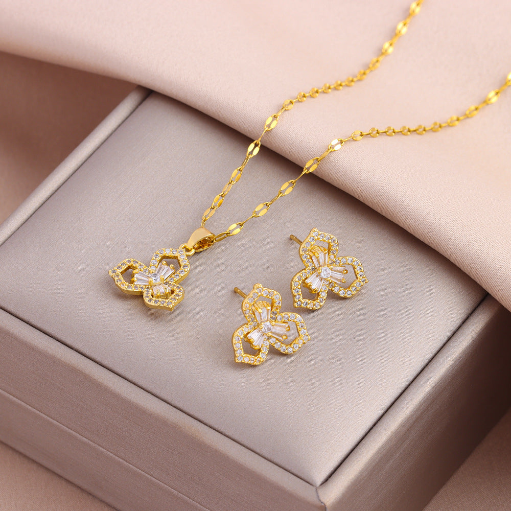 Wholesale Titanium Steel Zircon Earring Necklace Set