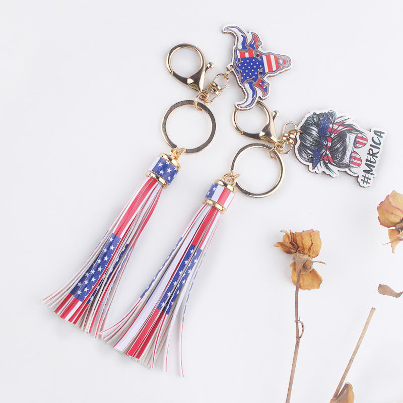 Wholesale American Independence Day Wooden Sign Tassel Keychain