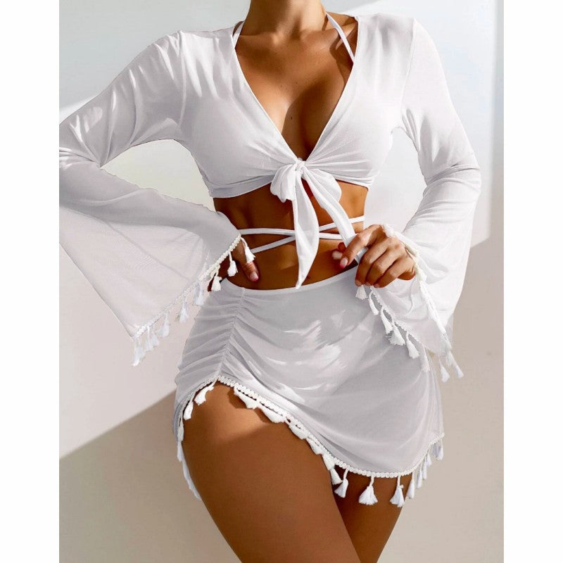 Wholesale Solid Color Tassel Blouse Mesh Skirt Four-piece Swimsuit
