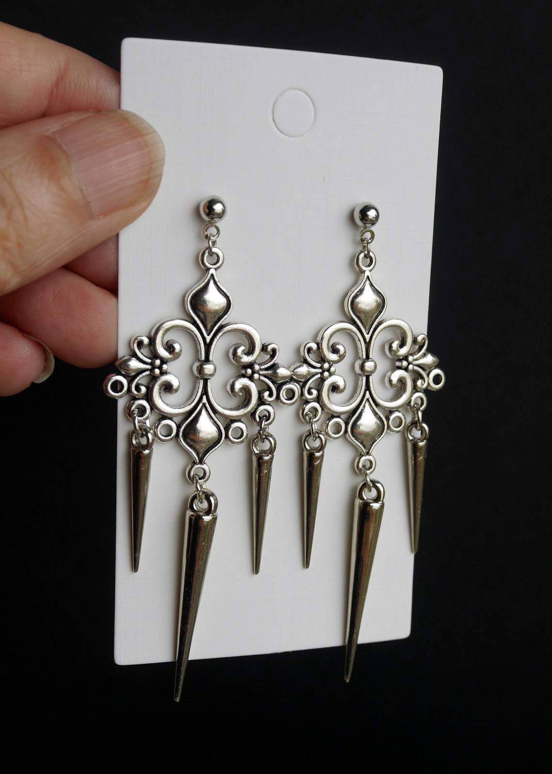 Wholesale Gothic silver pointed filigree long earrings