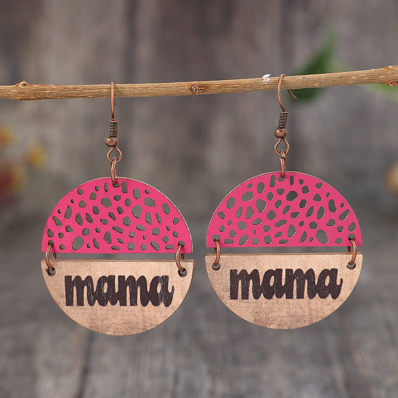 Wholesale Mother's Day Retro Wood Leather Letter Mom Round Earrings