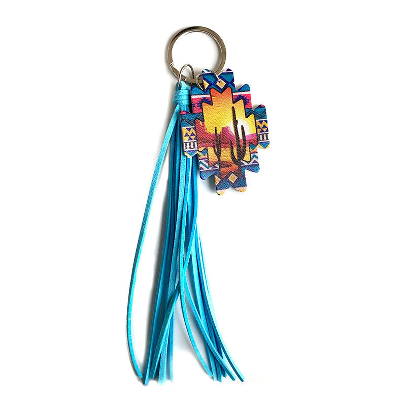 Wholesale 3pcs/pack Western Wind Aztec Leather Cow Tassel Keychain