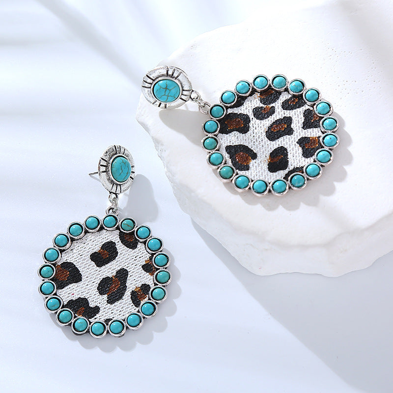 Wholesale Creative Turquoise Leopard Print Leather Earrings