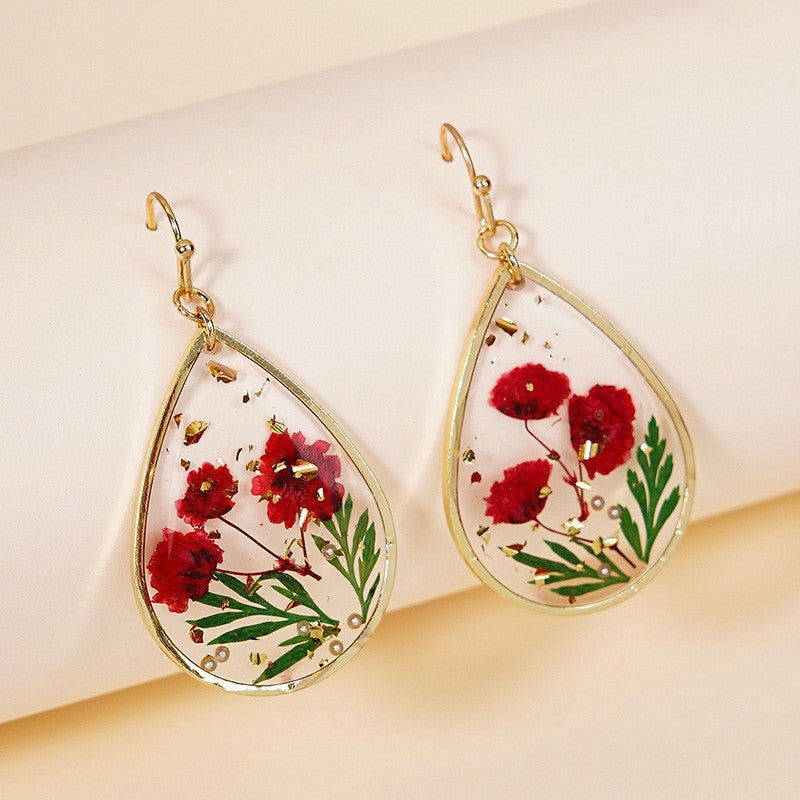 Wholesale Epoxy Leaf Eternal Red Dried Flower Earrings