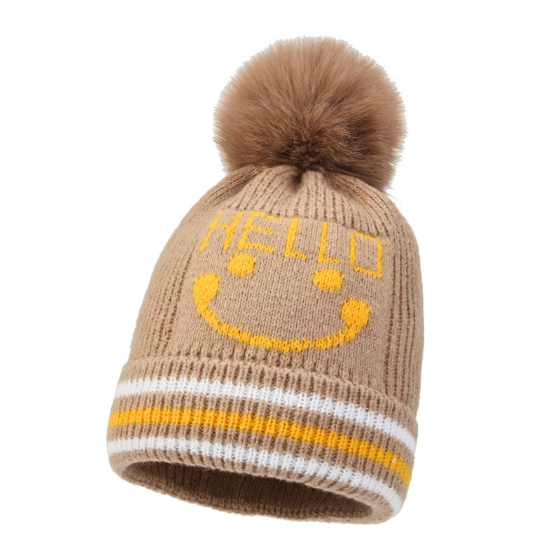 Wholesale 2023 Children's Hat Cartoon Smiling Face Plus Velvet Thickened Cotton Woolen Hat