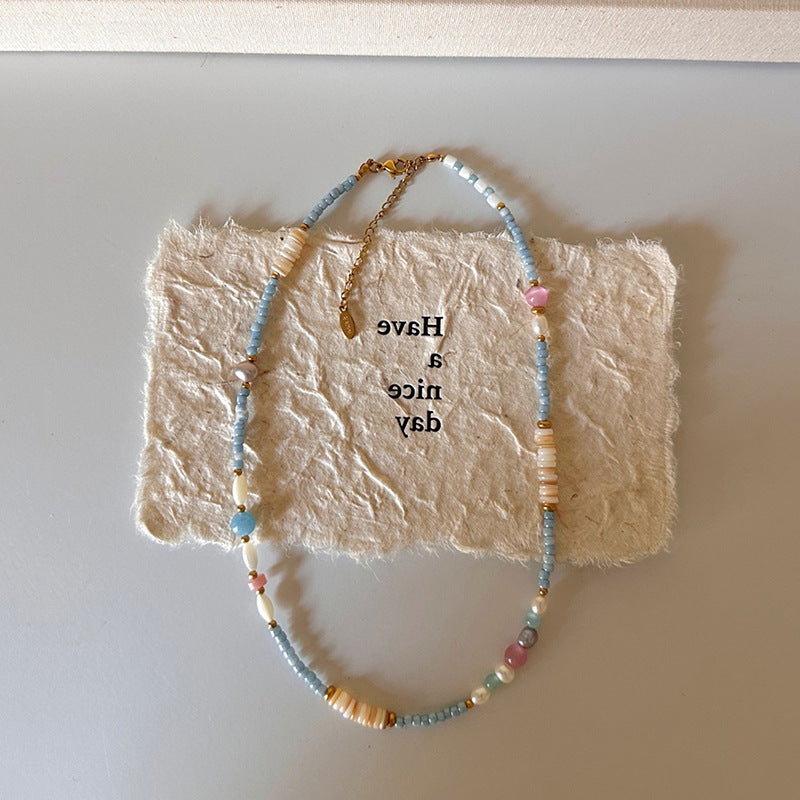 Wholesale Spring and Summer Fresh Light Blue Niche Beaded Necklace