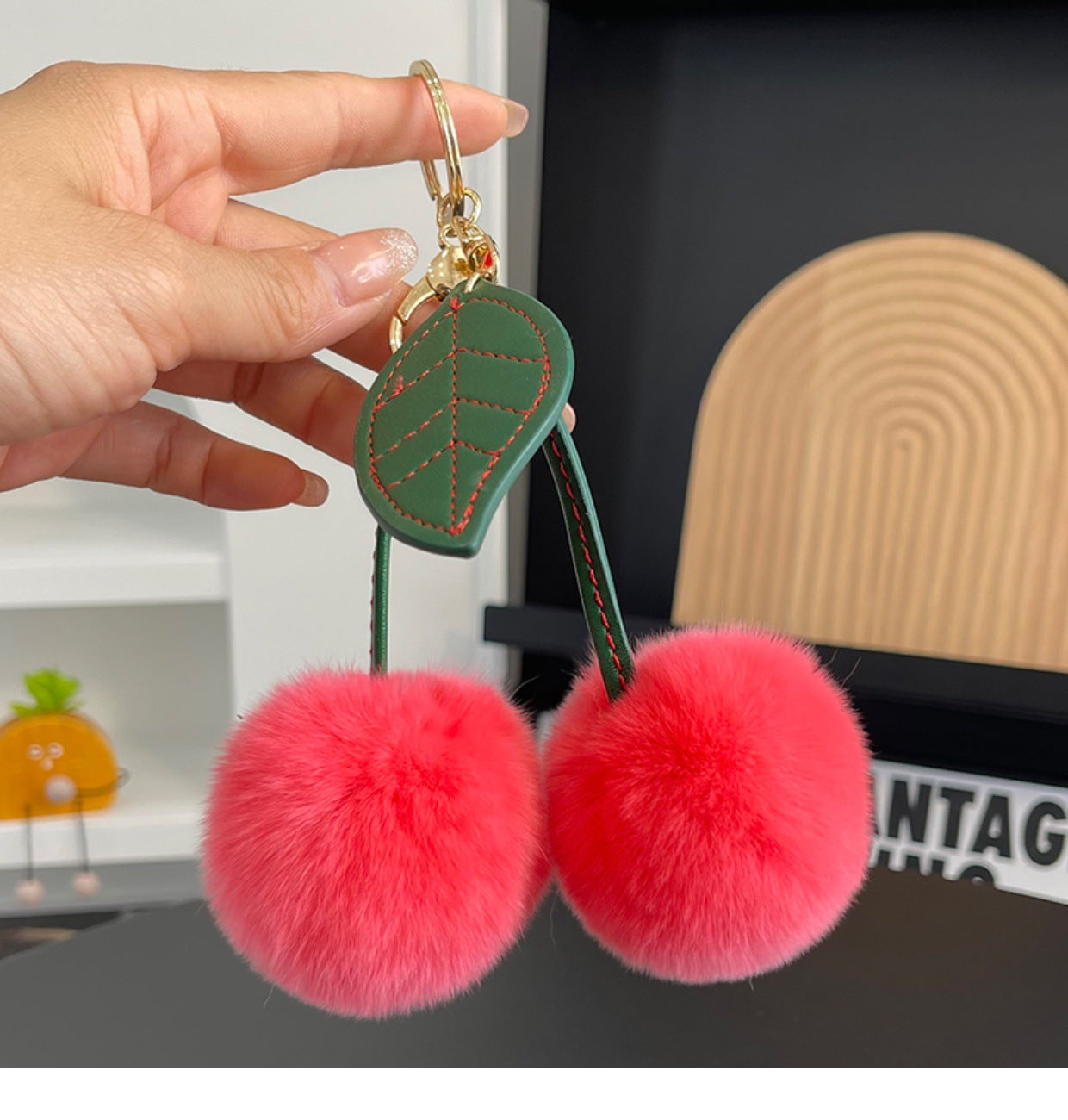 Wholesale Faux fur single leaf cherry plush pendant keychain