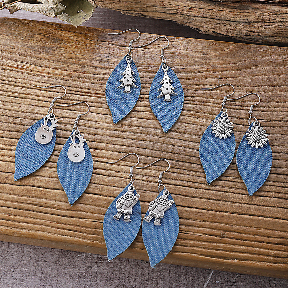 Wholesale Metal Denim Leather Dangle Earrings