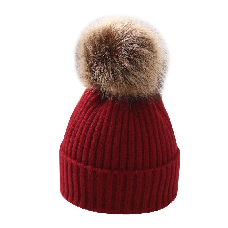 Wholesale of Winter Parent-child Large Wool Ball Knitted Hats and Wool Hats