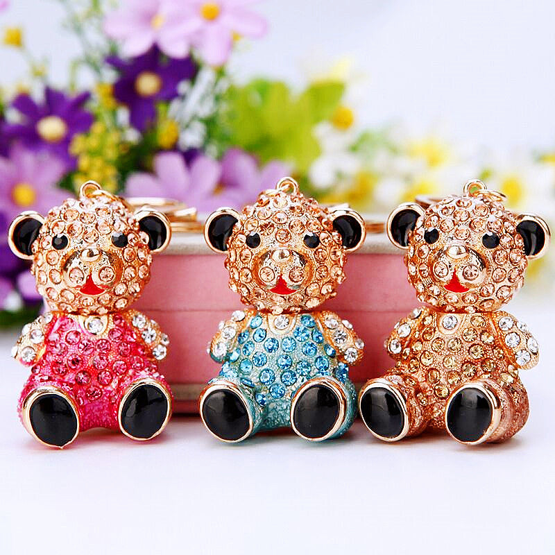 Wholesale Stylish Rhinestone Bear Keychain Car Key Accessory Bag Charm Champagne Zinc Alloy Wedding Gift For Resale