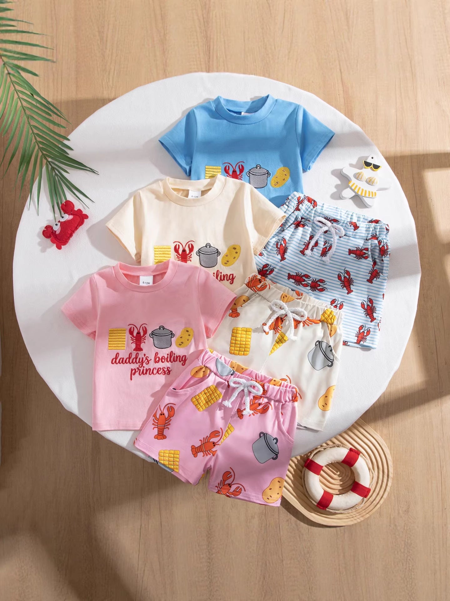 Wholesale Chic Unisex Kids Summer Two Piece Set Korean Style Short Sleeve With Lobster Embroidery Casual Outfit For Toddlers Boutique Resale