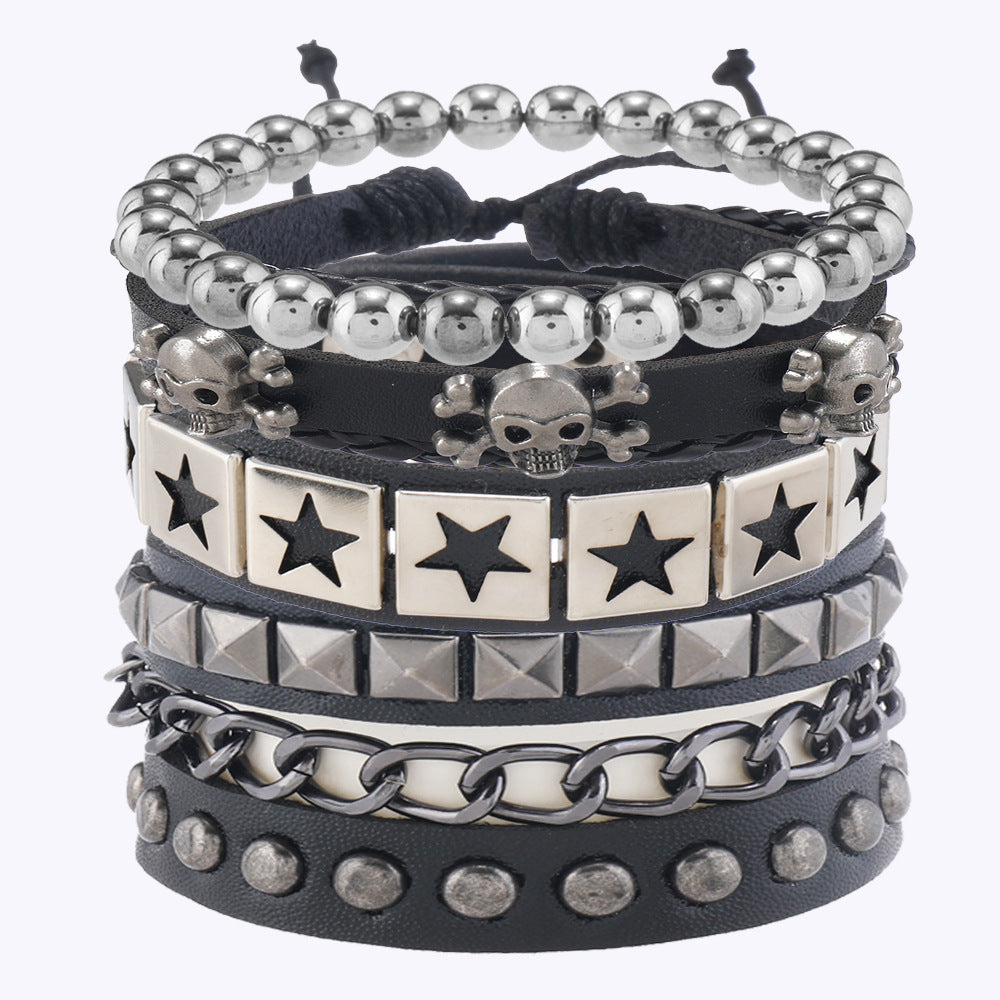 Wholesale Multi-layer wide leather bracelet alloy skull five-pointed star 4-piece set