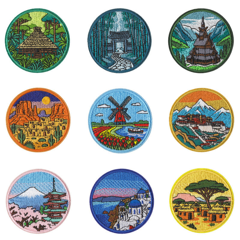 Wholesale Embroidered World Scenery Iron On No Sew Patches Set Of 9 Travel Windmill Badge Chic DIY Clothing Backpack Fashion Accessory Boutique Resale Gift