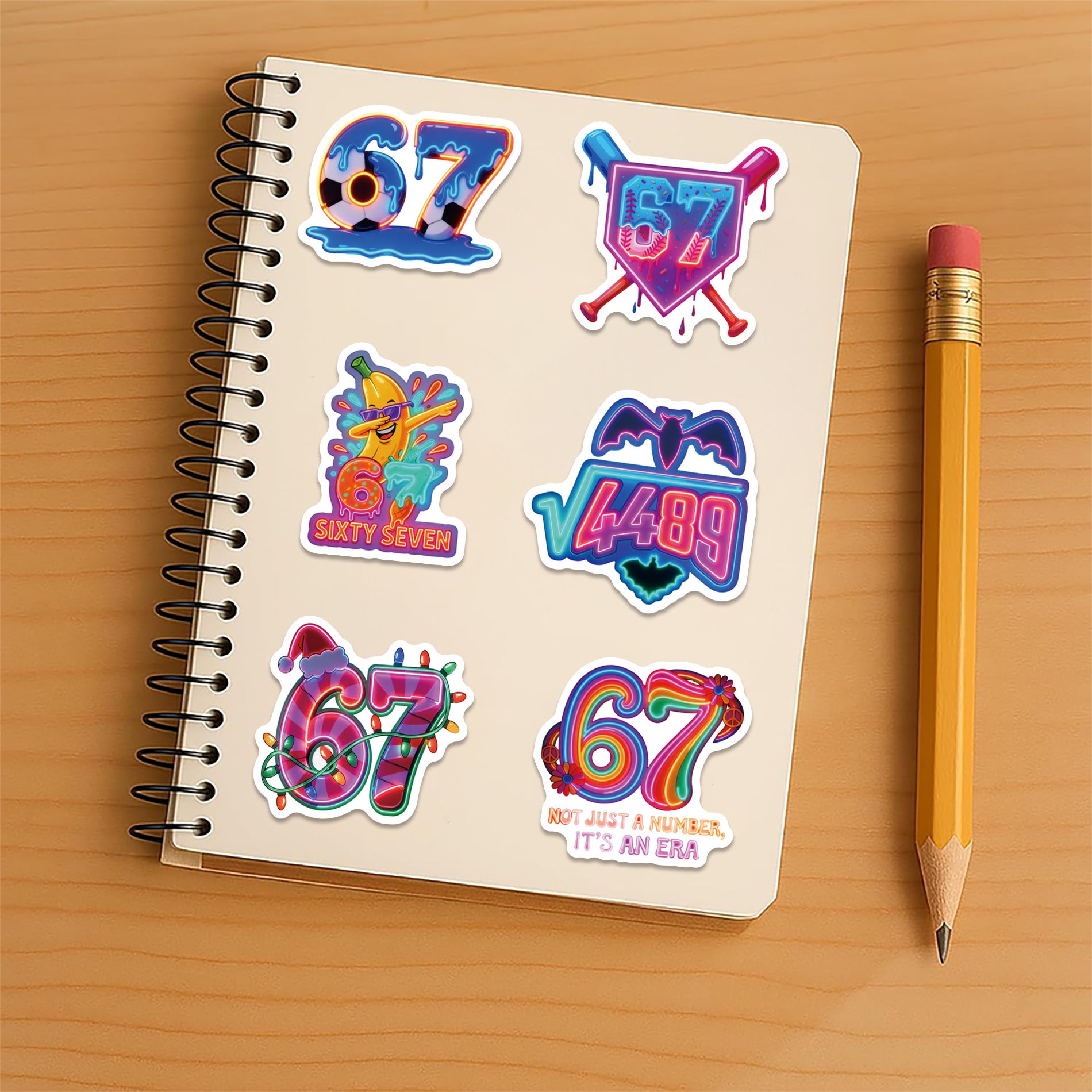 Wholesale 60pcs Colorful neon numbers 67 Waterproof Vinyl Stickers