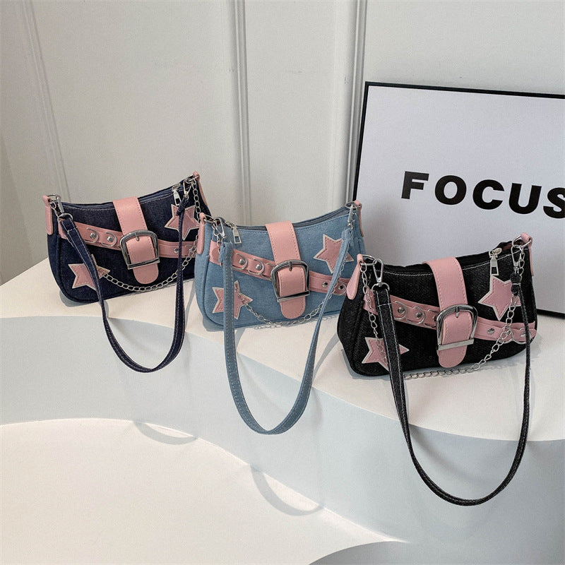 Wholesale Trendy Star Casual Denim Chain Shoulder Underarm Bag