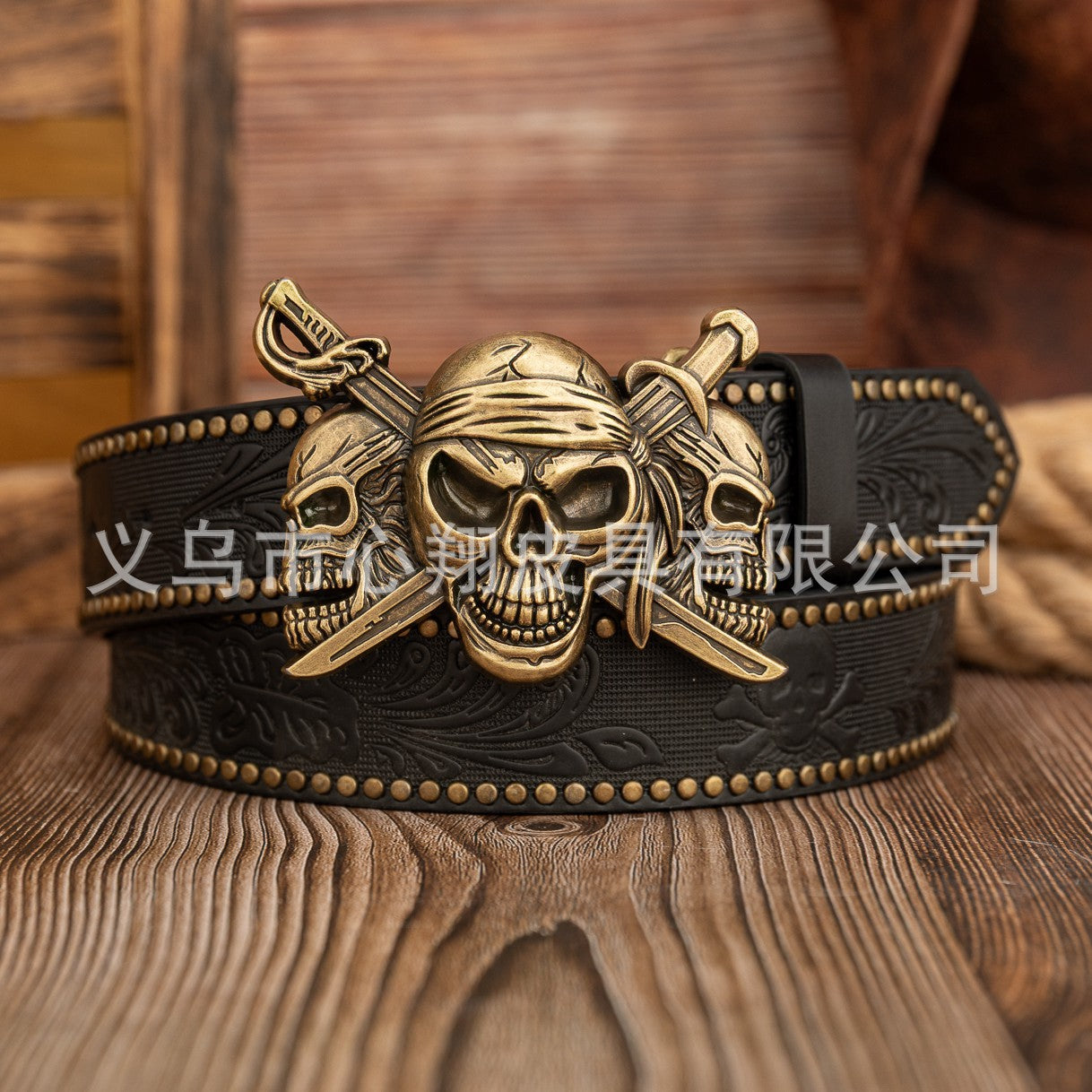 Wholesale Punk Double Swords Three Ghosts Buckle Retro Western Cowboy PU Leather Belt