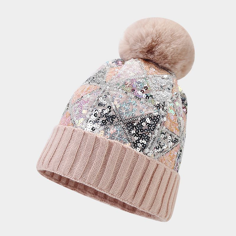 Wholesale Winter Thickened Warm Fur Ball Beanie Colorful Sequined Knitted Hat