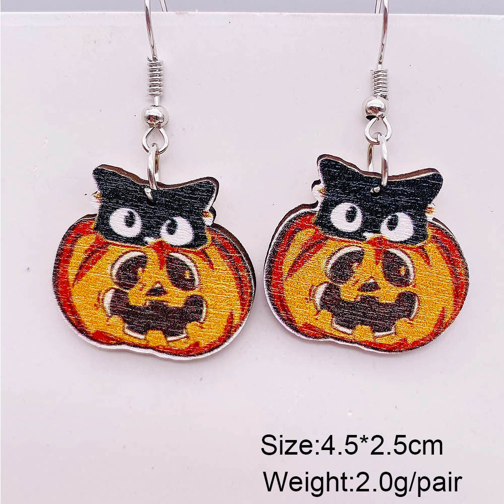Wholesale Halloween Smiley Pumpkin Black Cat Candy Hand Basket Wooden Earrings