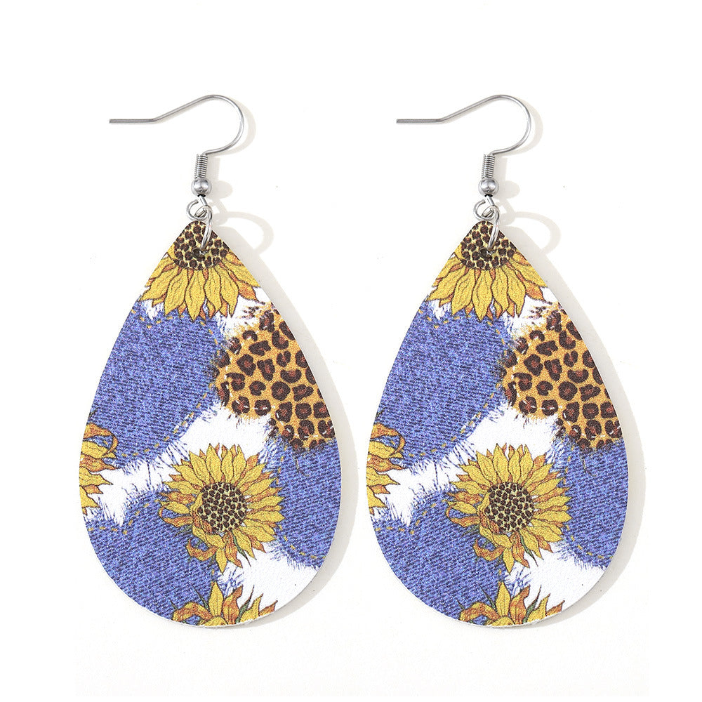 Wholesale Western Ethnic Denim Sunflower Water Drop Pendant Double-sided PU Leather Earrings
