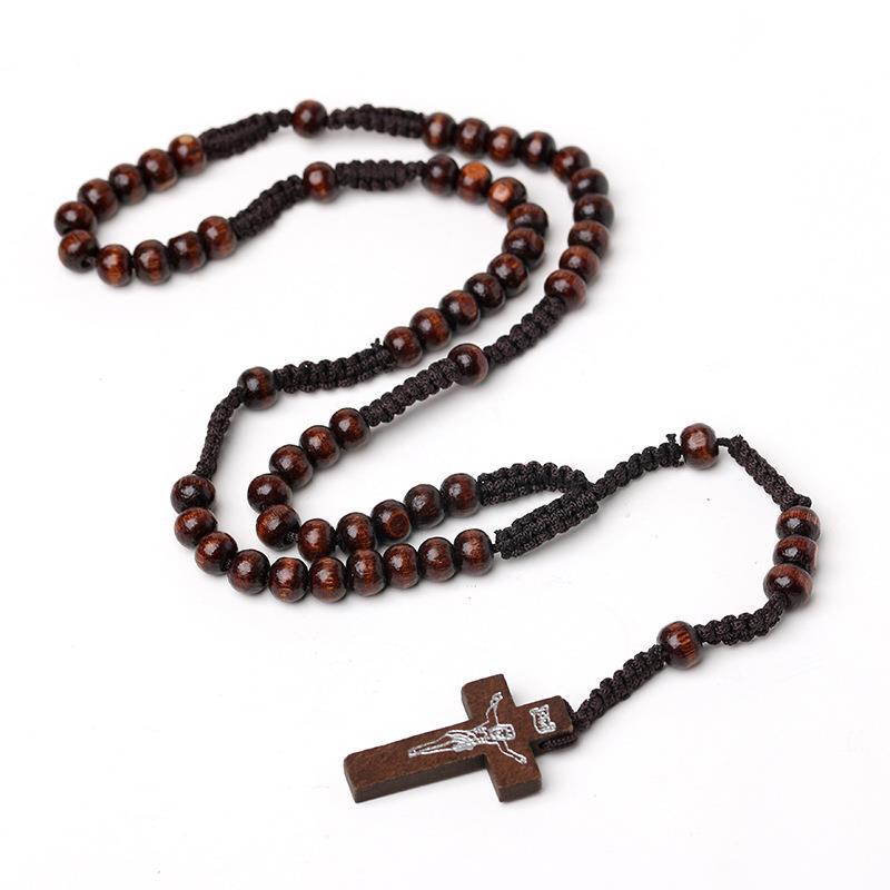 Wholesale Natural Wood Bead Cross Handmade Woven Necklace