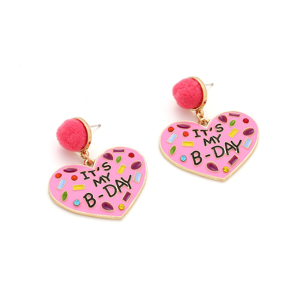Wholesale My Birthday Colorful Diamond Enamel Heart-shaped Hair Ball Zinc Alloy Earrings