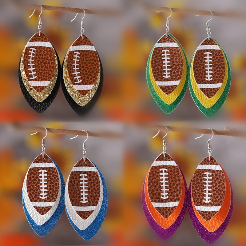 Wholesale Rugby Sequins Three-layer Leather Water Drop Pendant Earrings Sports Ear Jewelry