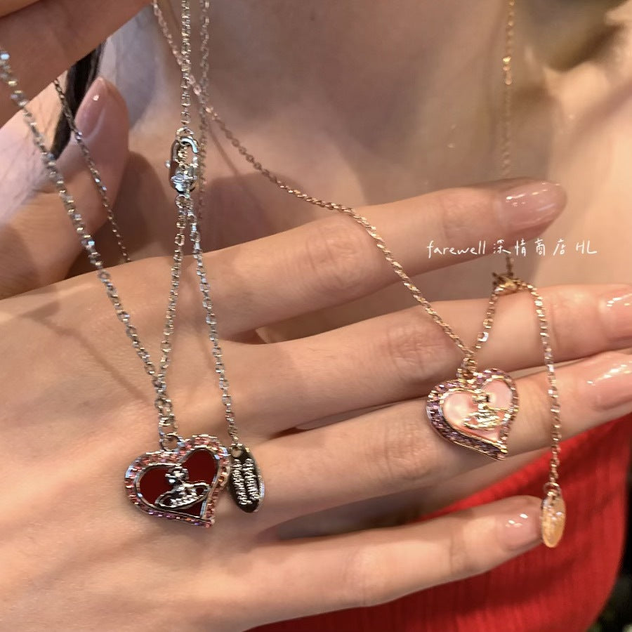 Wholesale Red pink heart-shaped Saturn necklace with built-in design