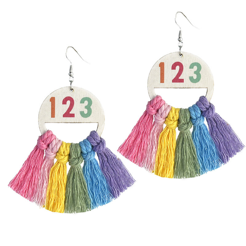 Wholesale Braided Tassel Multicolor Fan-Shaped Textured Rainbow Color Teacher Letter English Math Earrings