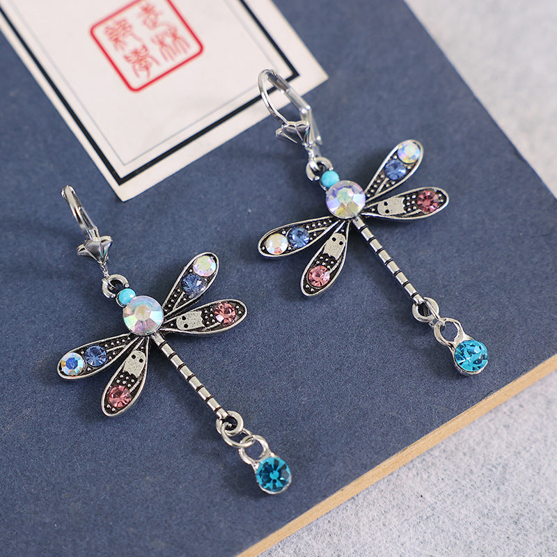 Wholesale Dragonfly long colored diamond earrings