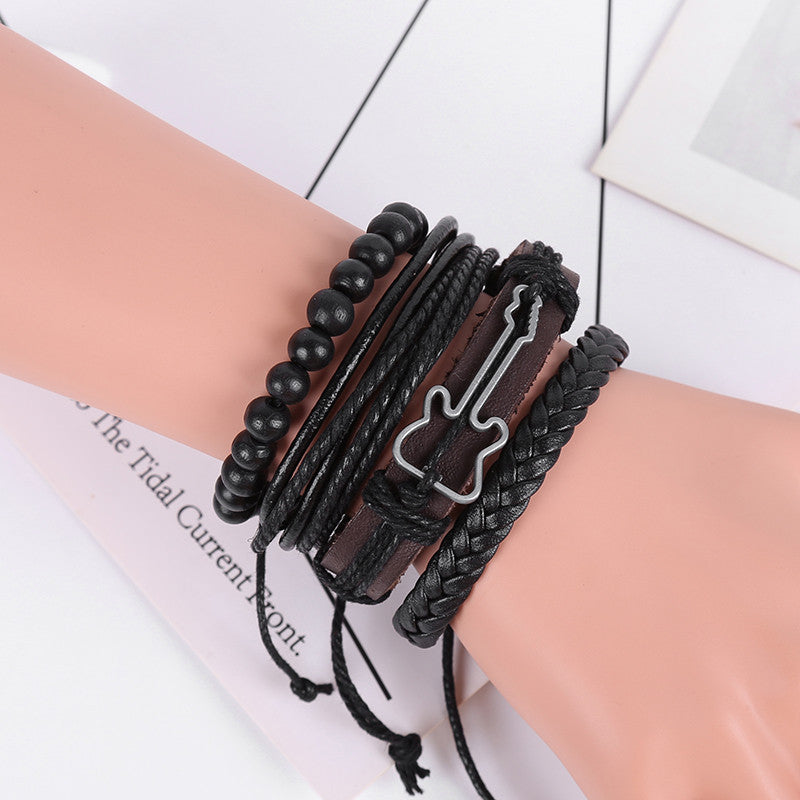 Wholesale new four-piece real leather bracelet guitar suit men's woven bracelet jewelry