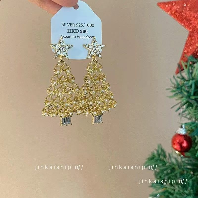 Wholesale Unique and stylish colored diamond Christmas tree earrings