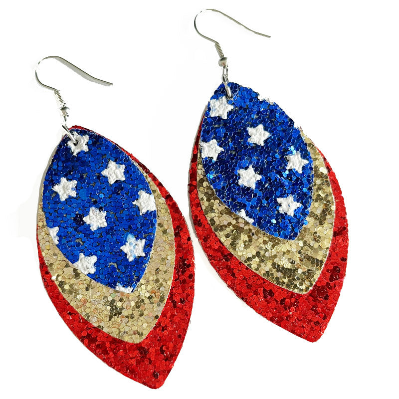Wholesale 2pairs/pack Independence Day Flag Parade Feather Shiny Leather Mesh Earrings