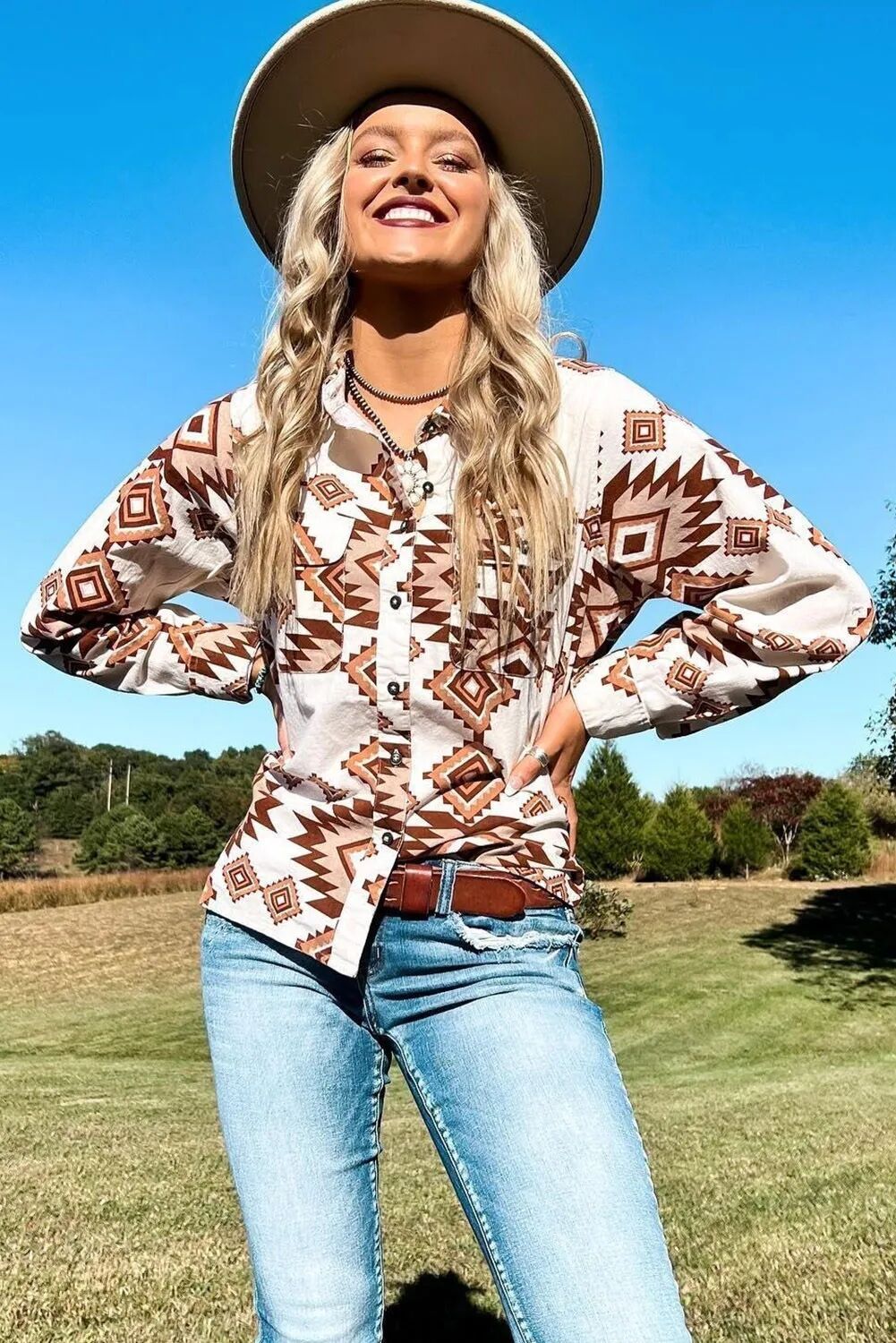 Wholesale Western Style Aztec Diamond Fashion Loose Single Breasted Lapel Shirt