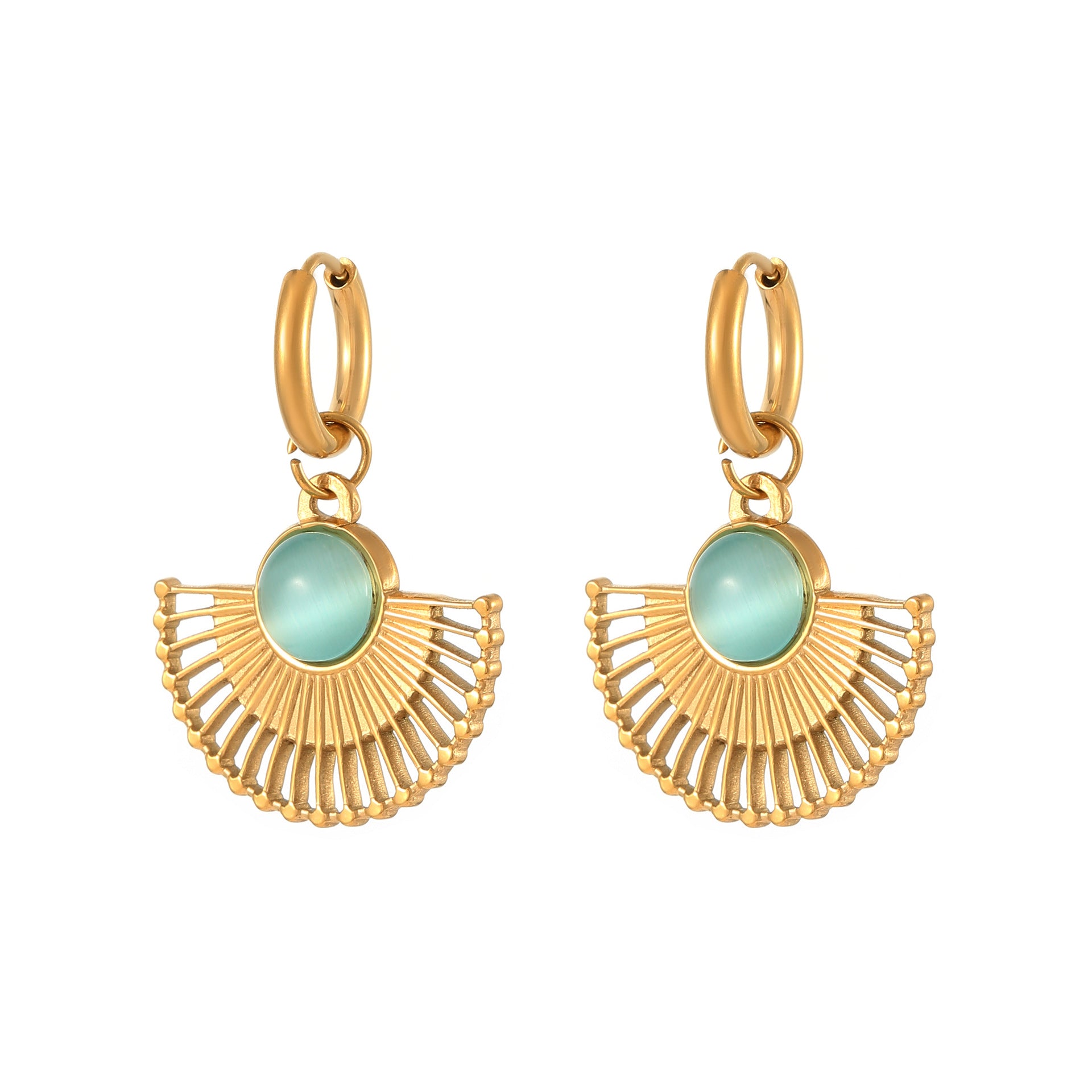 Wholesale Natural Turquoise Fan-shaped Hollow Stainless Steel Earrings