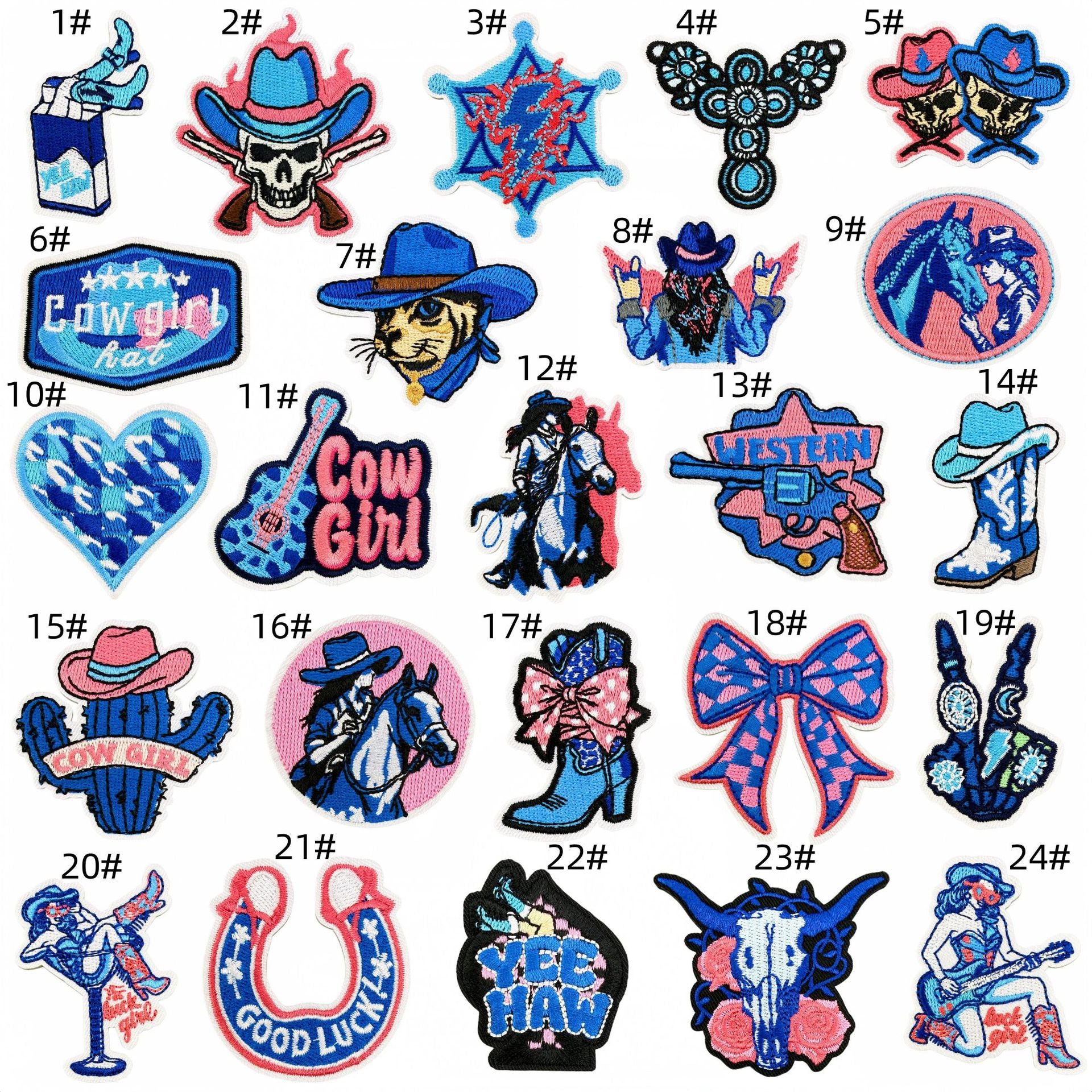 Wholesale Western Cowgirl Embroidered Patches 24 Piece Set Pink Blue Guitar Cow Skull Design DIY Craft Supply For Home Decor And Resale