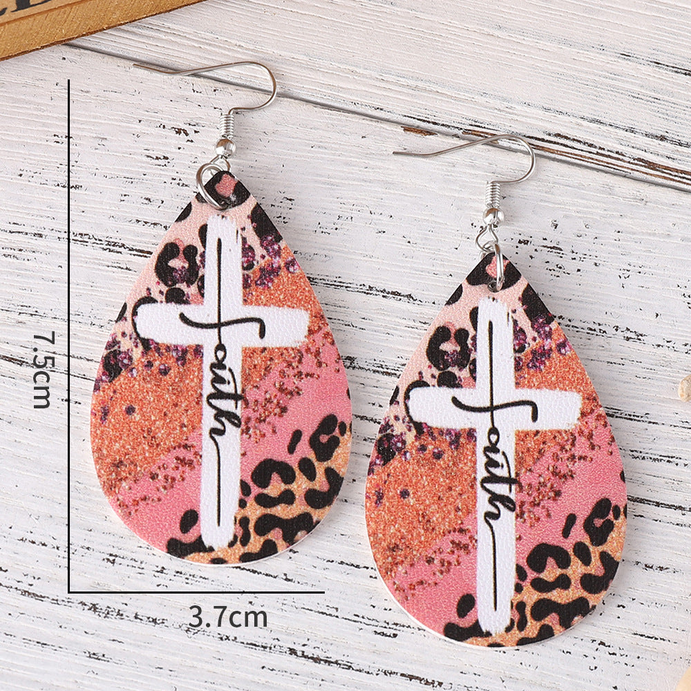 Wholesale Retro cow pattern cross water drop PU double-sided earrings