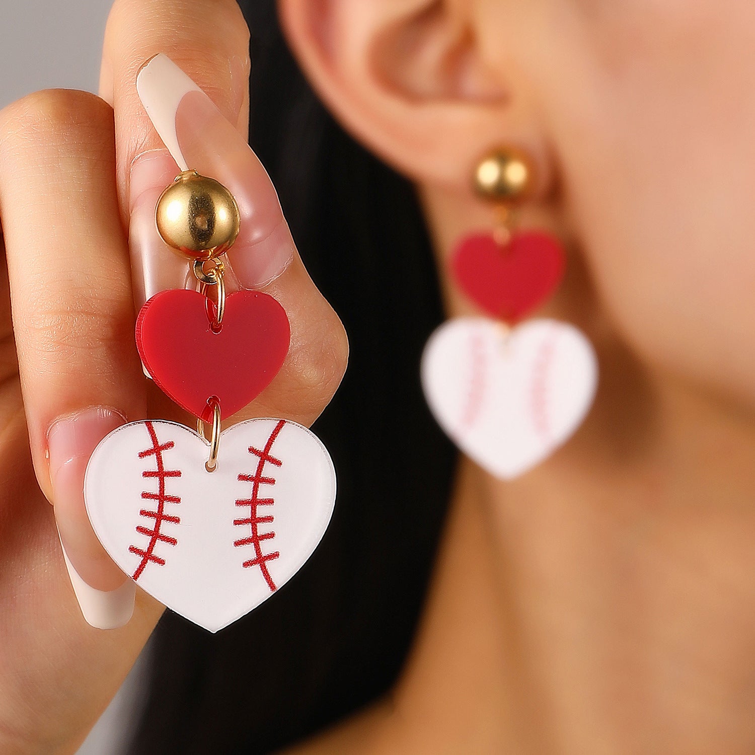 Wholesale Vintage Acrylic Heart Panel Double Heart Rugby Drop Earrings