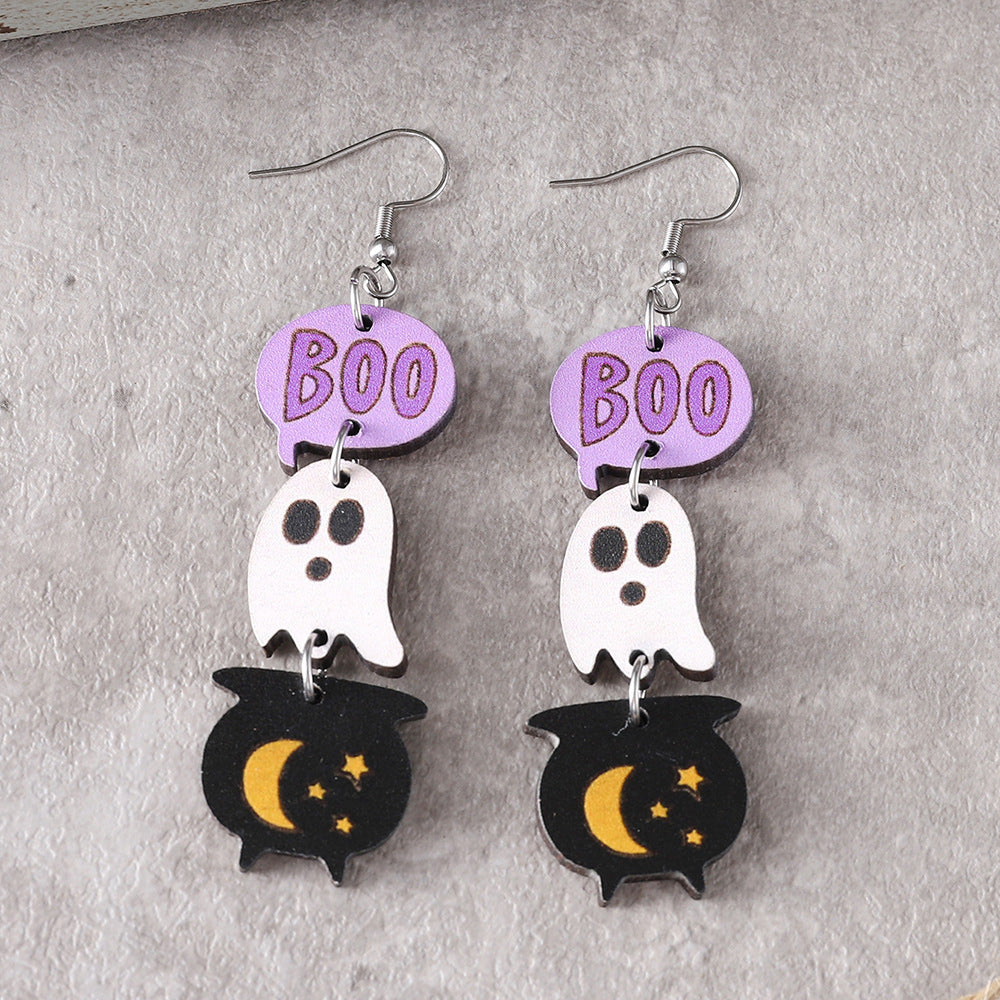 Wholesale Halloween Gothic Style Cute Ghost Tassel Stitching Wooden Double-sided Earrings
