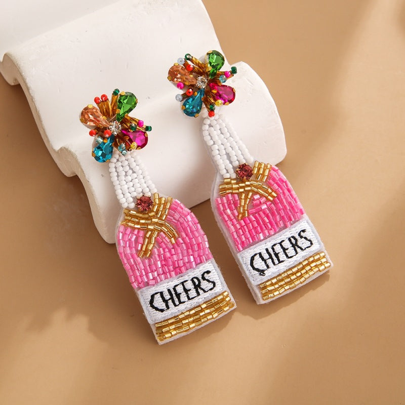 Wholesale Bohemian Handmade Fabric Rice Beads Wine Bottle Flower Earrings