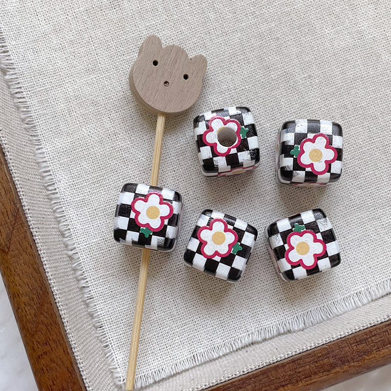 Wholesale 10pcs Garden Checkerboard Tulip Flowers Love Blocks Acrylic Beads