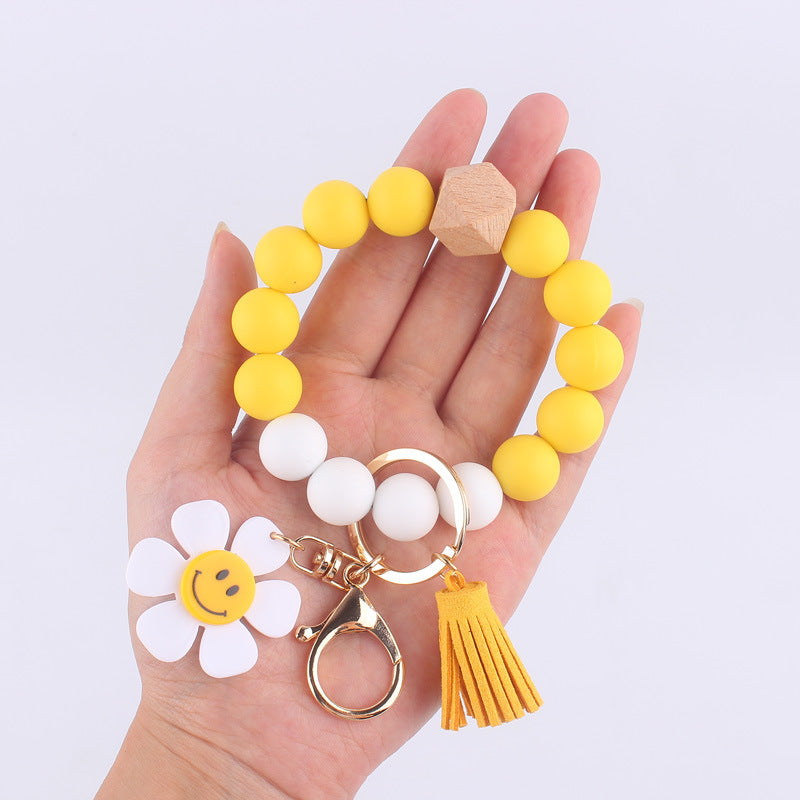 Wholesale Cartoon Sunflower Silicone Beaded Wrist Keychain