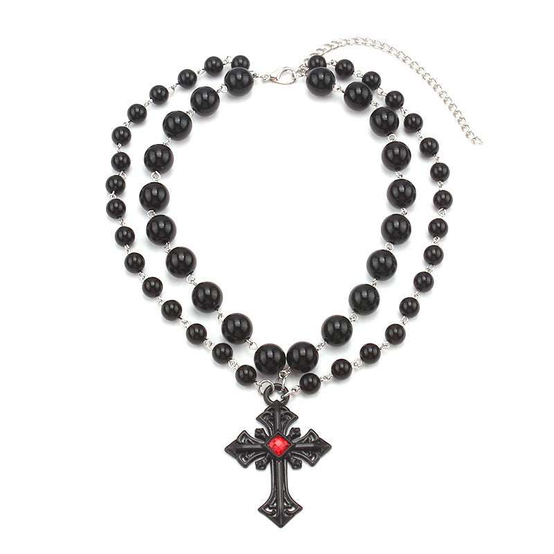 Wholesale Halloween Dark Fashion Cross Imitation Pearl Necklace