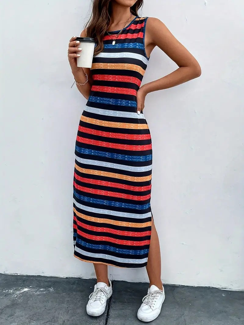 Wholesale Sleeveless Striped Sexy Slit Dress
