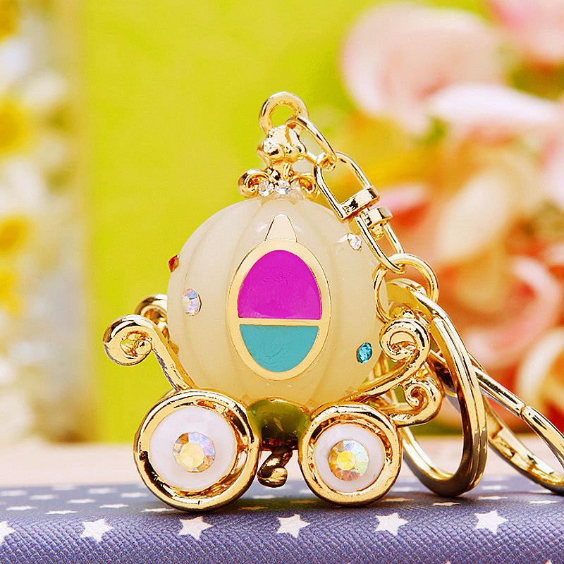 Wholesale Metal Rhinestone Pumpkin Carriage Keychain Bag Charm Pink Car Key Accessory Decorative Gift