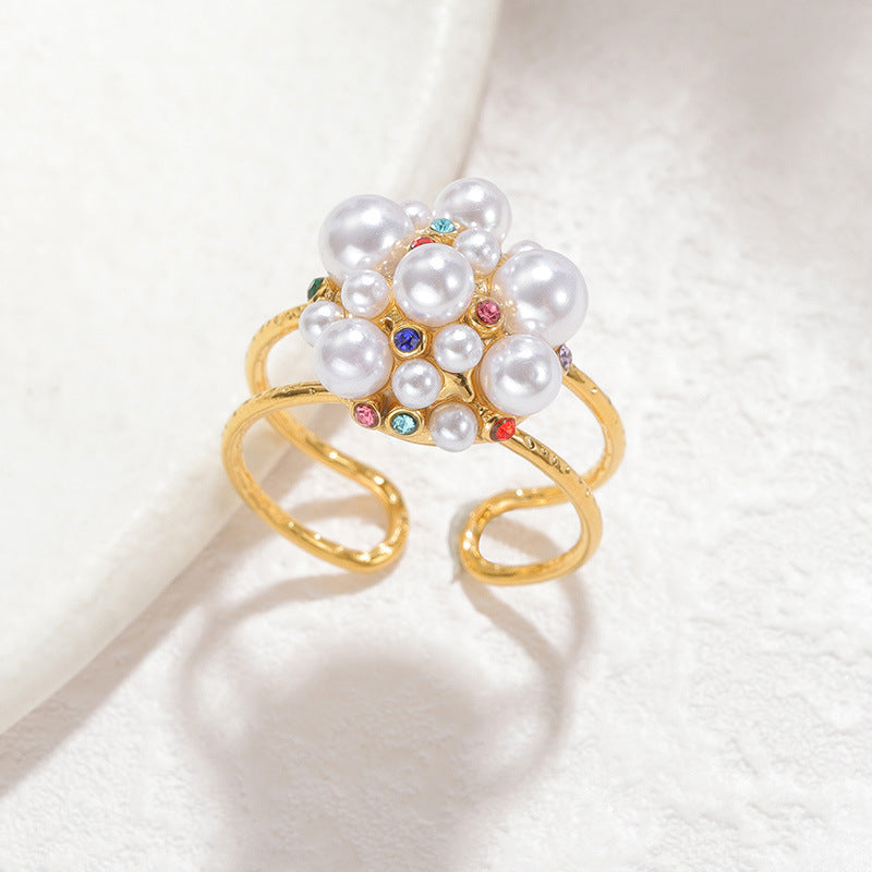 Wholesale Trendy Zircon Pearl Flower Ring For Women Stainless Steel Jewelry Elegant Proposal Ring Boutique Resale Accessory
