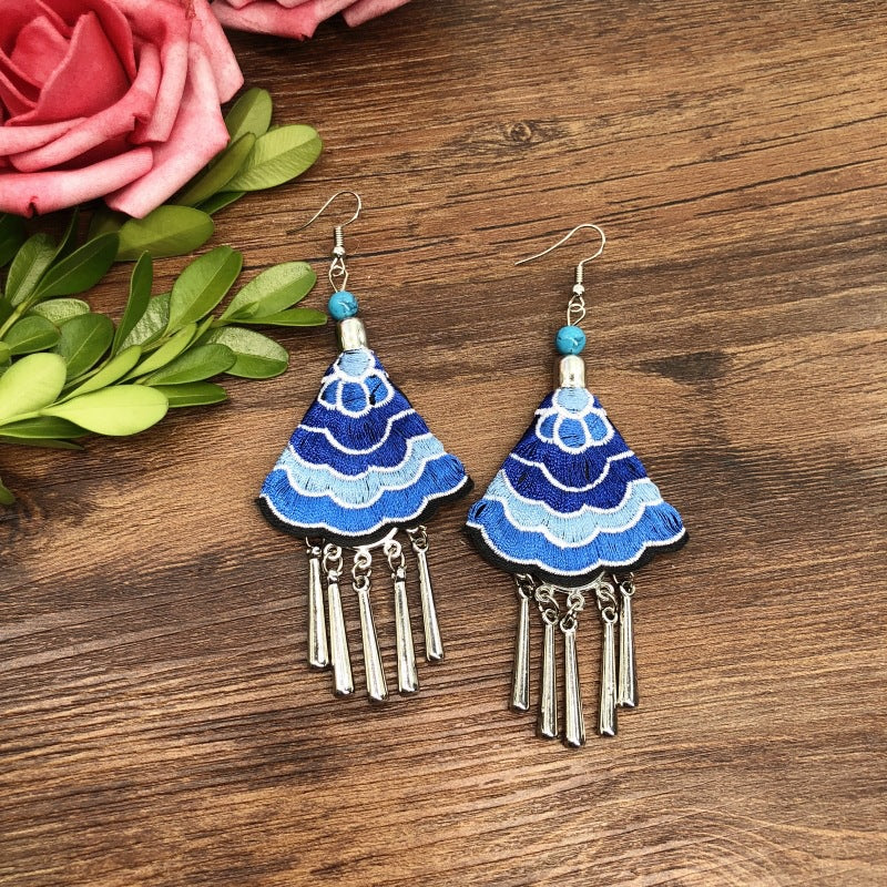 Wholesale Embroidered vintage fabric flower tassel earrings